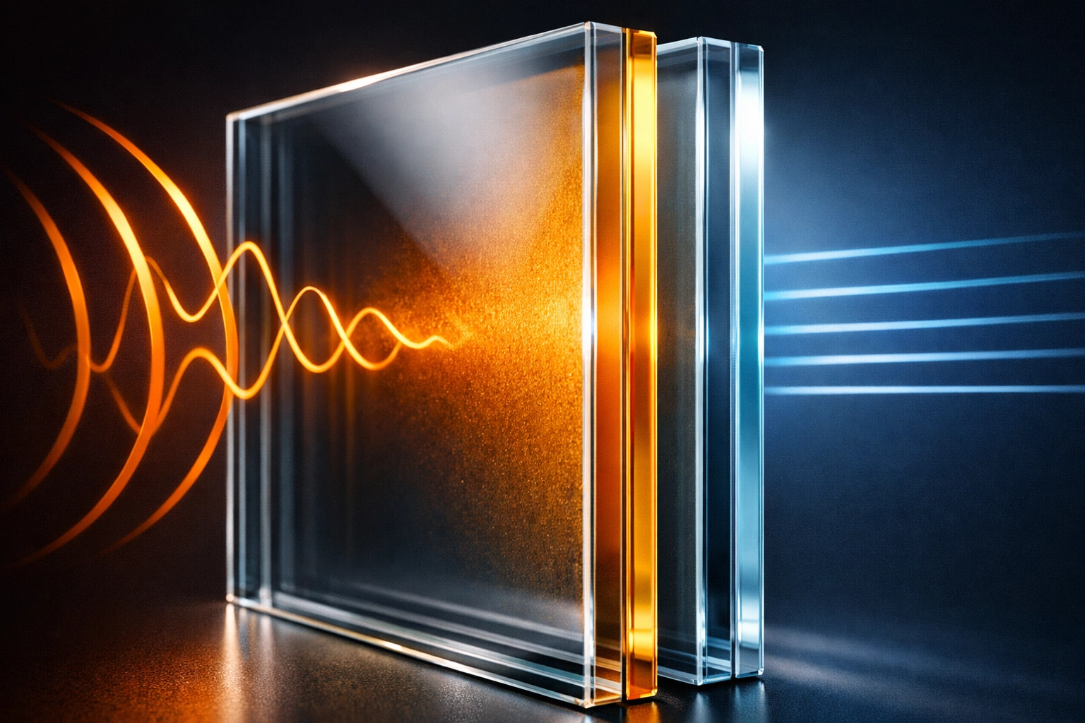 10.8mm acoustic laminate glass cross-section showing PVB interlayer for secondary glazing noise reduction