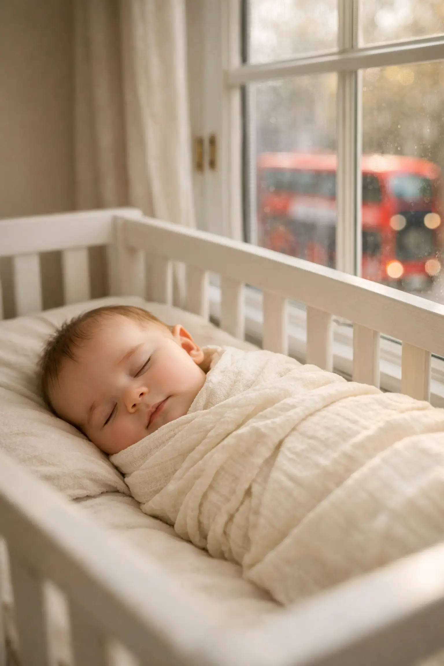 Baby sleeping peacefully in London nursery with secondary glazing blocking street noise