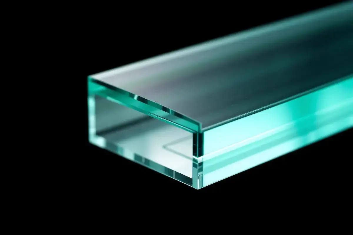 Cross-section of acoustic laminate glass showing the PVB interlayer sandwich construction for noise reduction