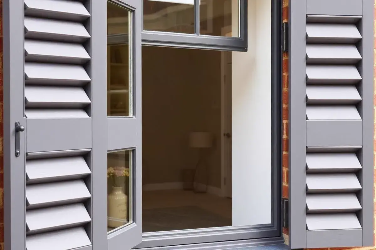 Secondary glazing frame with anthracite grey finish next to period shutters Anthracite grey secondary glazing frame installed alongside traditional window shutters