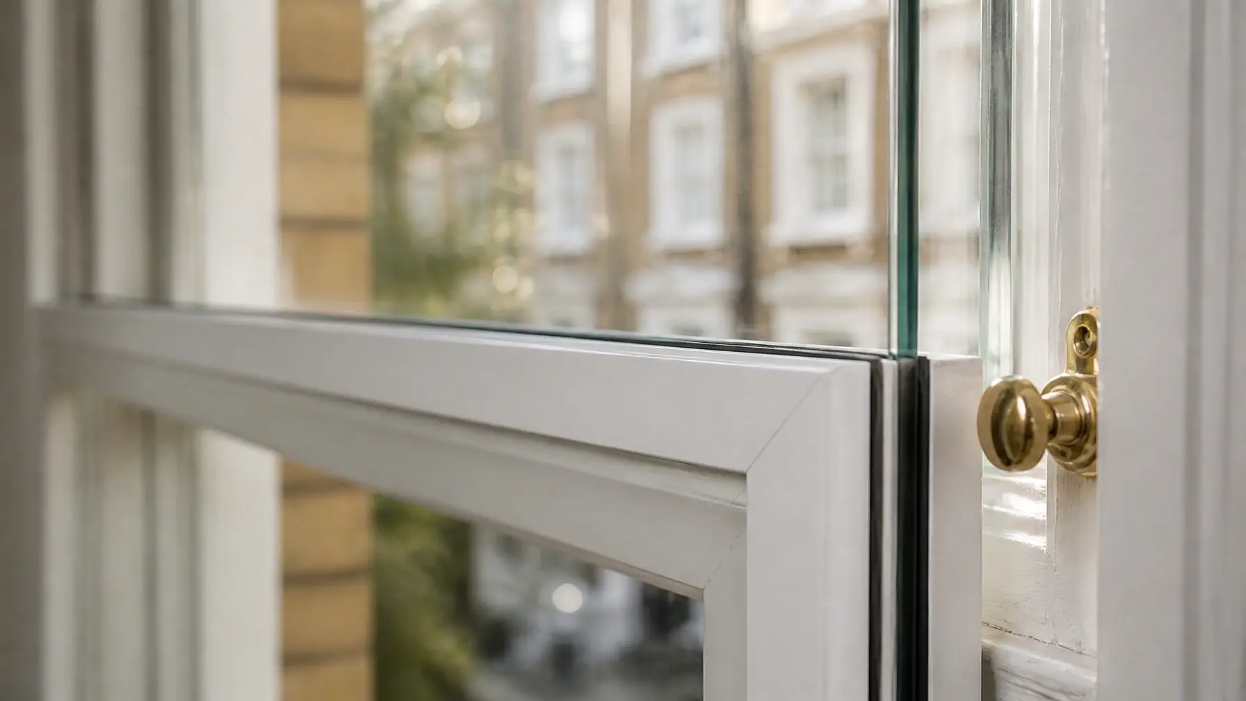 Close-up of acoustic glass, air gap and discreet secondary-glazing frame detailing