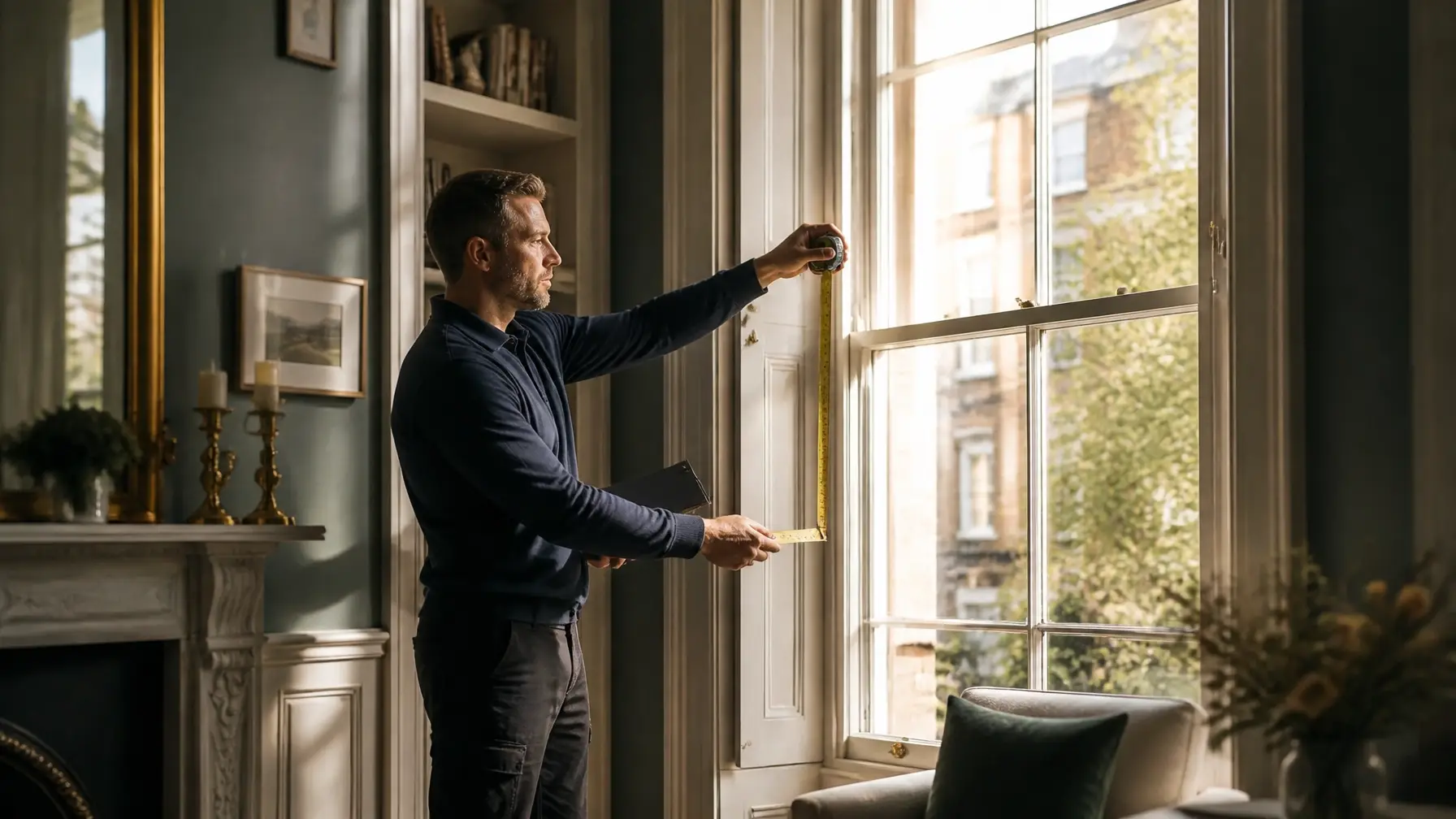 Specialist measuring an original sash window during a secondary glazing survey in a London period home