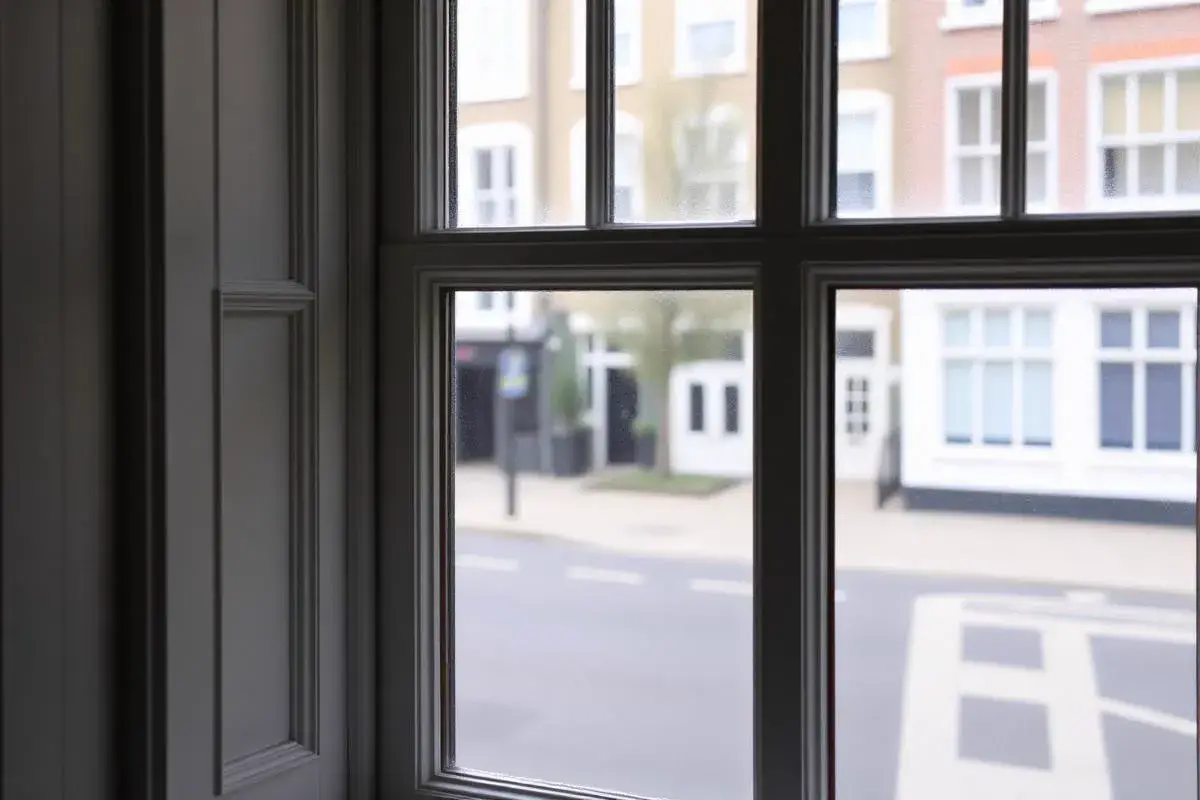Georgian sash windows on a Kensington terrace fitted with secondary glazing overlooking the Cromwell Road