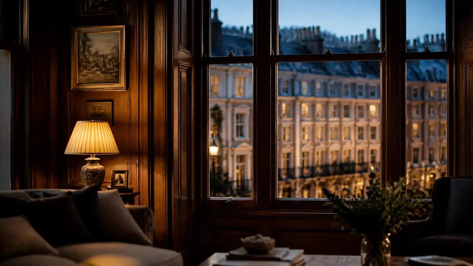 A high-end London drawing room illustrating a silent sanctuary with original sash windows