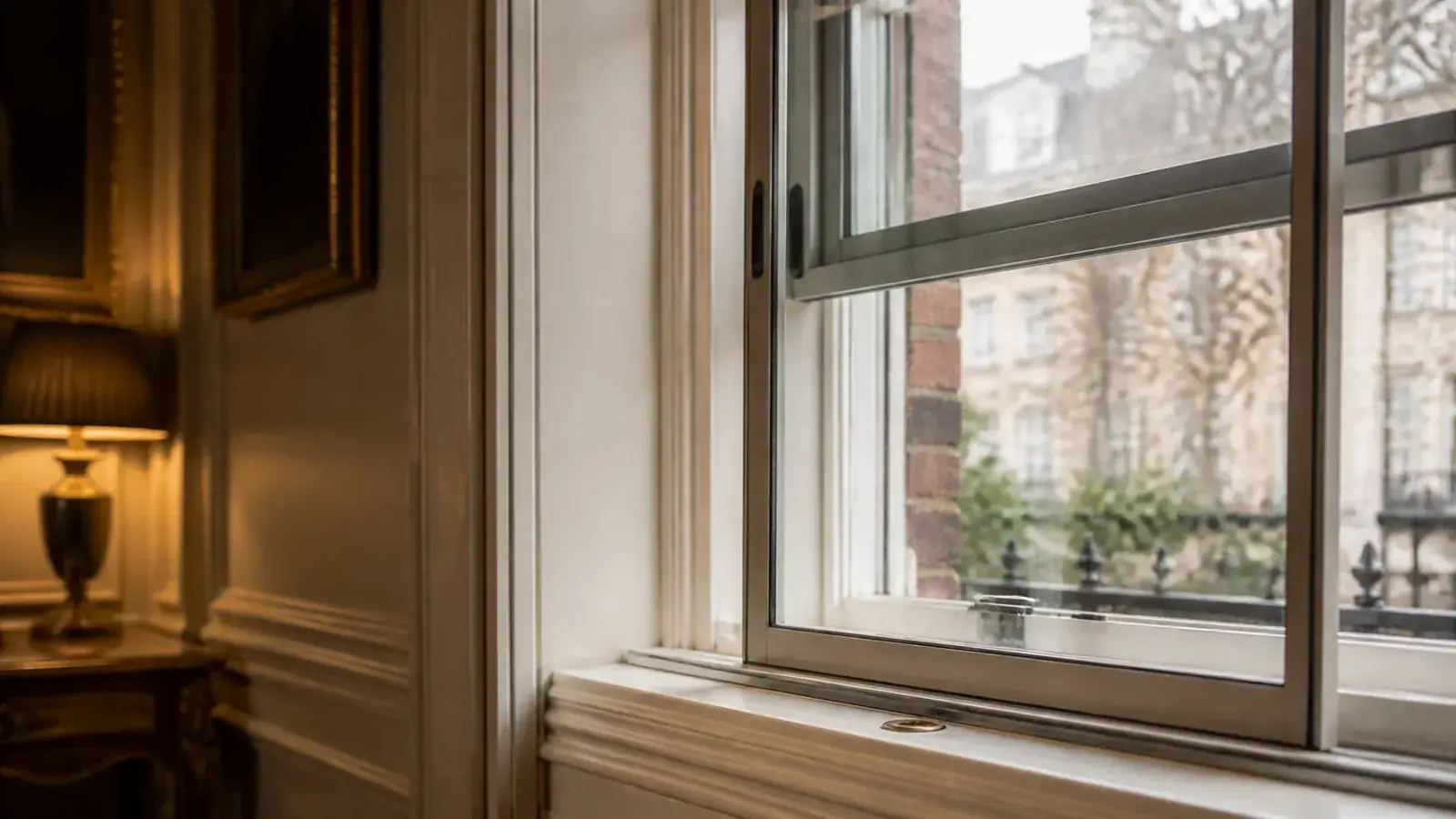 Sliding secondary glazing panel mid-open inside a period London sash window reveal