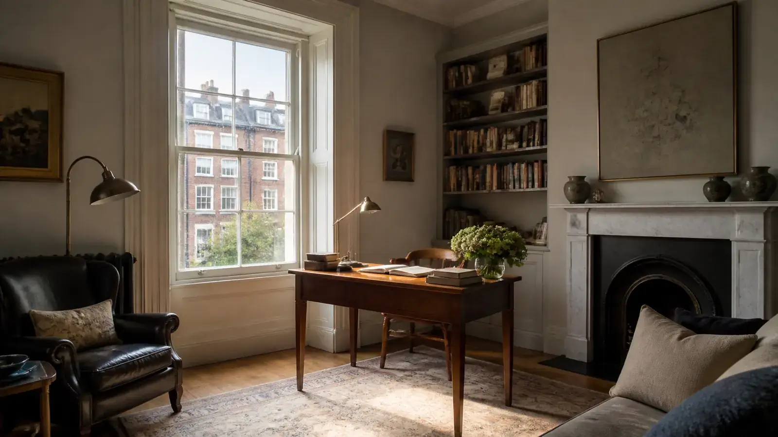 Wide shot of a bright, quiet study in a London period home with discreet secondary glazing and an elegant workspace Wide shot of a bright, quiet study in a London period home with discreet secondary glazing and an elegant workspace