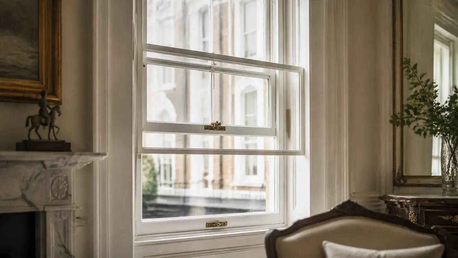 Vertical sliding secondary glazing installed on a tall Georgian sash window with the inner panel partially open Vertical sliding secondary glazing installed on a tall Georgian sash window with the inner panel partially open