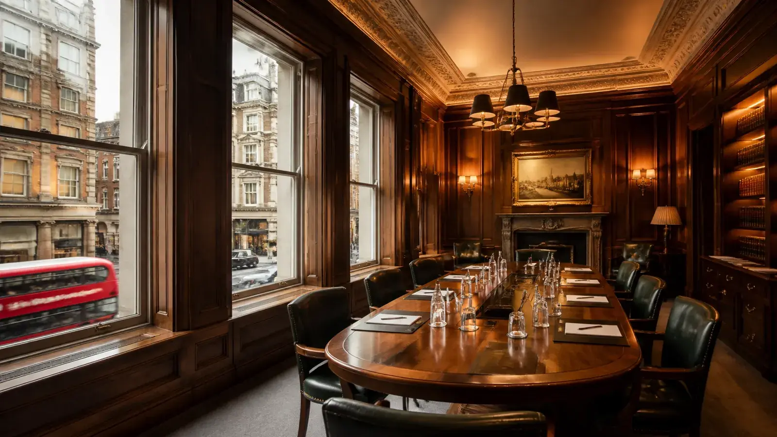 Executive boardroom in a historic London townhouse with heritage windows and discreet secondary glazing