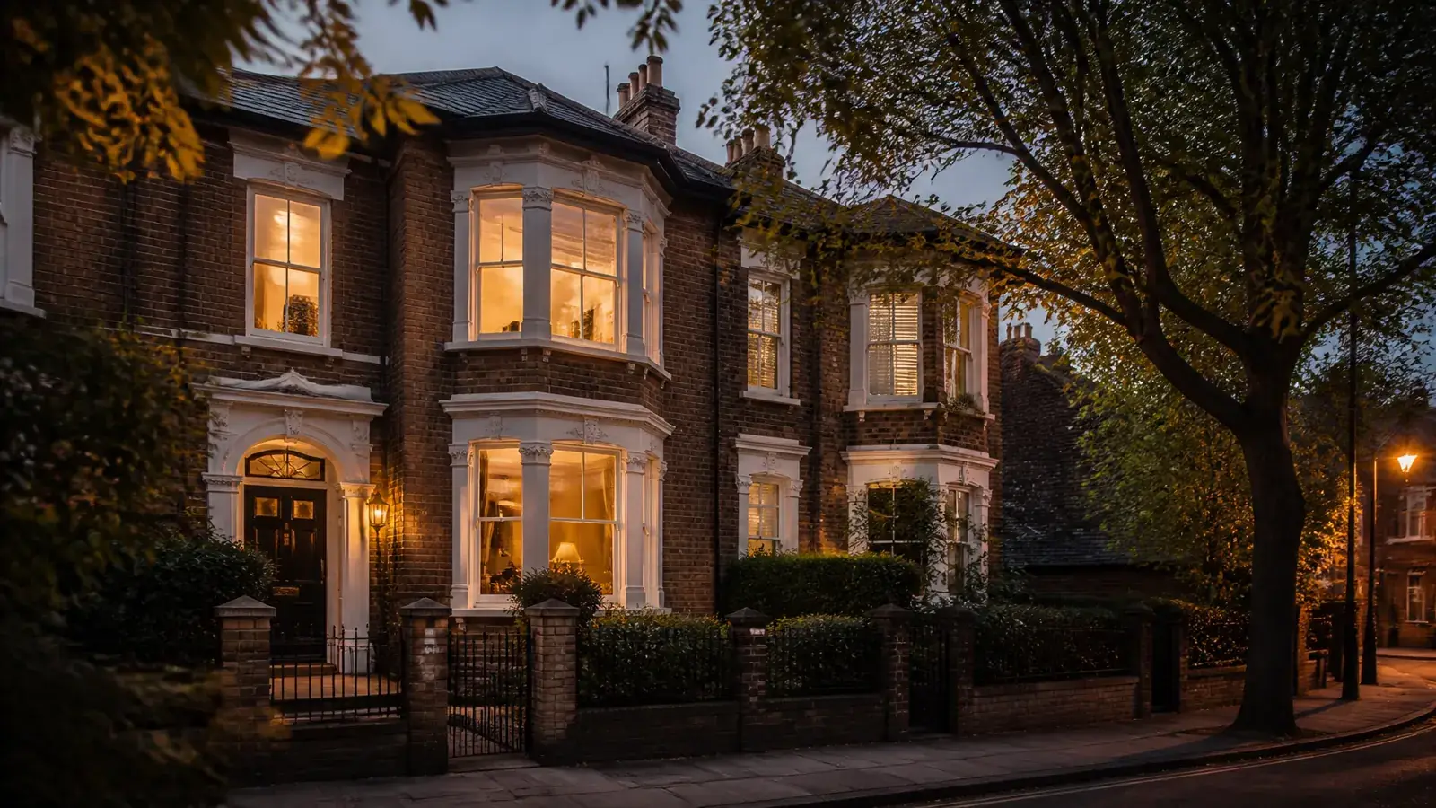 Striking Edwardian semi-detached house exterior in a leafy London suburb at twilight with warm light glowing through the bay windows