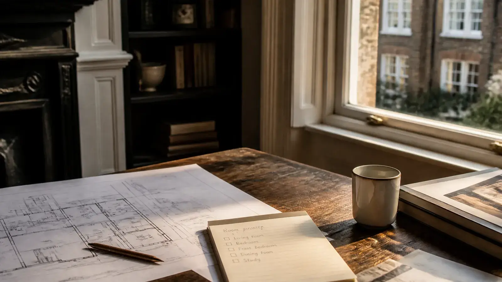 Floor plan and room-priority checklist laid out on a heritage wooden table beside a period window