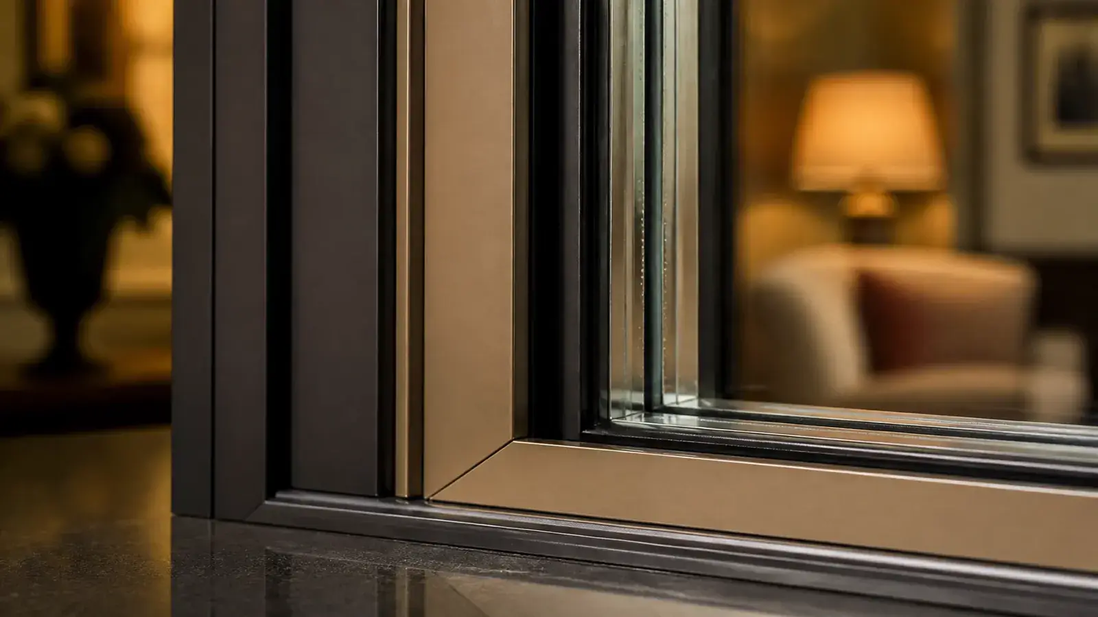 Detailed close-up of a sealed secondary glazing frame corner with compression seals Detailed close-up of a sealed secondary glazing frame corner with compression seals