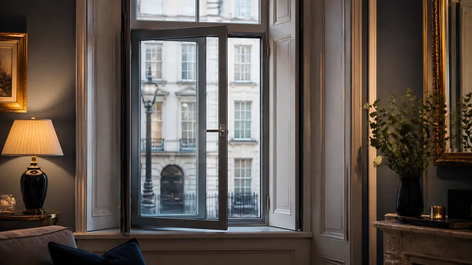 Hinged secondary glazing in a London heritage interior with 180-degree inward swing
