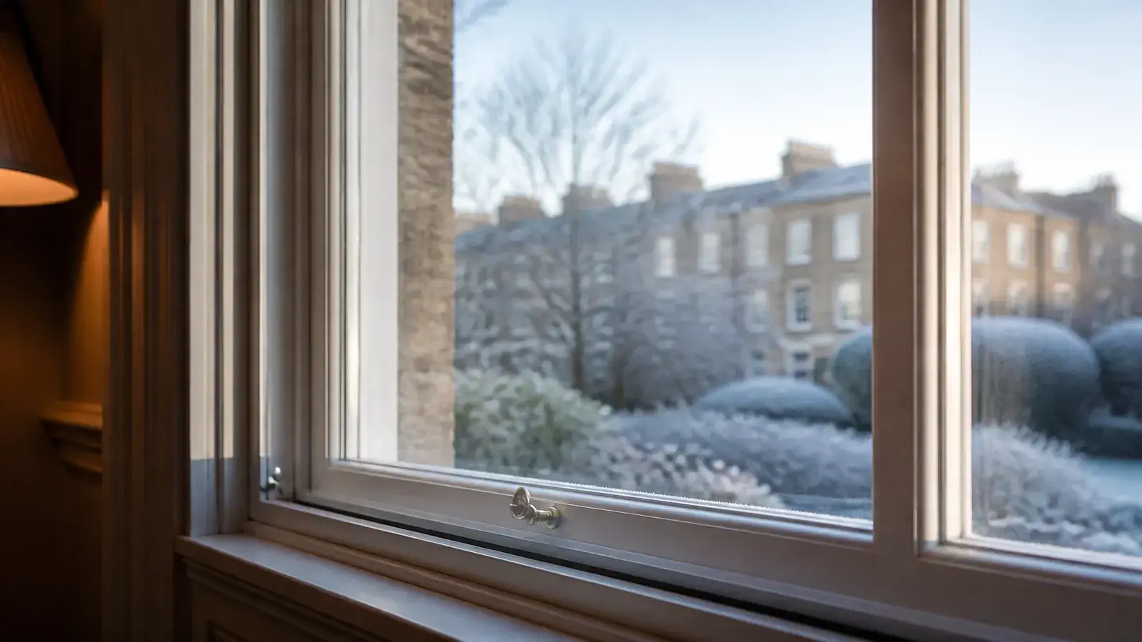 Clear, dry period window pane from inside a London home with a frosty winter morning outdoors and discreet secondary glazing preventing condensation