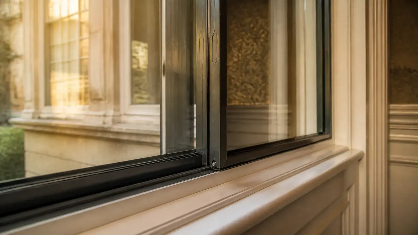 Detail shot of a horizontal sliding secondary glazing unit showing the track and sliding mechanism Detail shot of a horizontal sliding secondary glazing unit showing the track and sliding mechanism