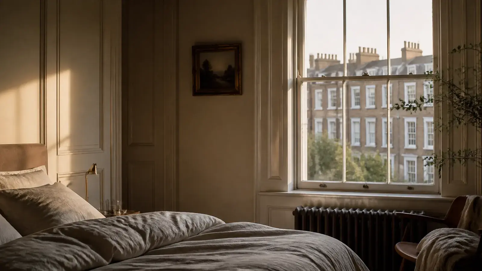 Serene wellness-focused London interior at dawn with soft natural light streaming through an acoustically glazed window