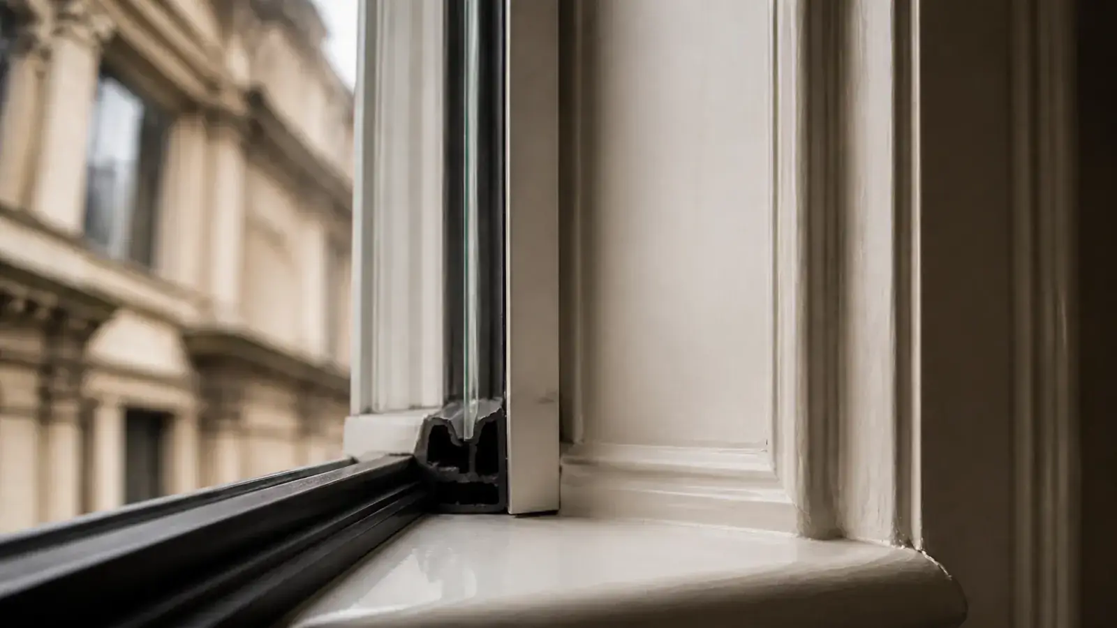 Close-up of thermal sealing strips, twin-compression EPDM seals and a completely dry window sill on a secondary glazing installation Close-up of thermal sealing strips, twin-compression EPDM seals and a completely dry window sill on a secondary glazing installation