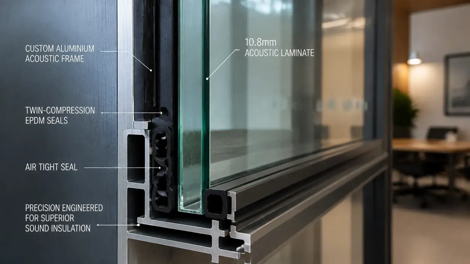 Close-up of 10.8mm acoustic laminate glass in a custom frame with twin-compression EPDM seals