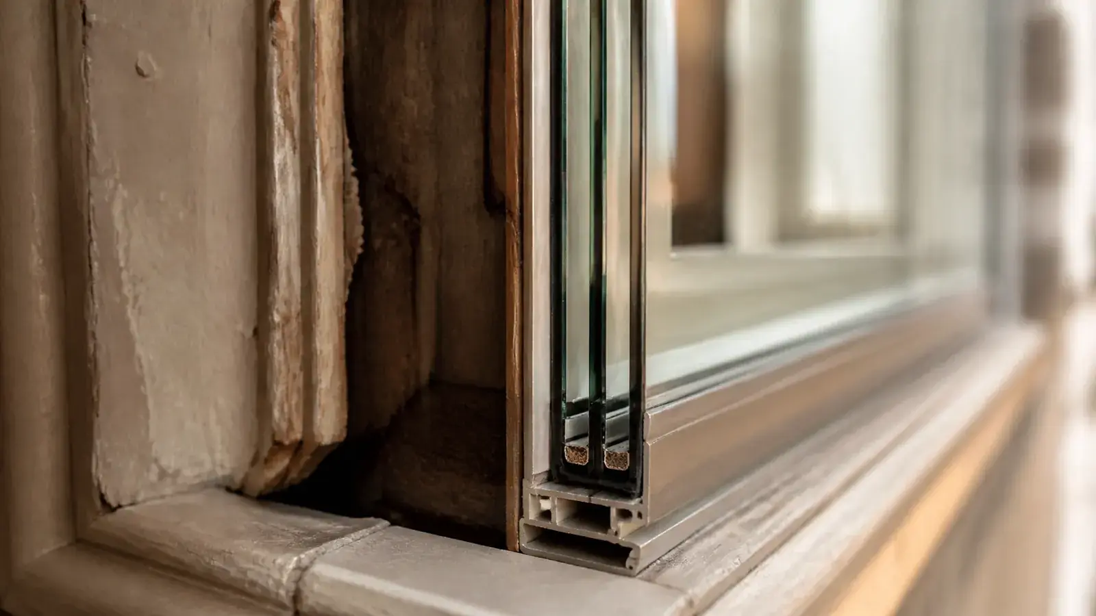 Close-up of acoustic secondary glazing showing the laminated glass and wide air gap within a period sash reveal