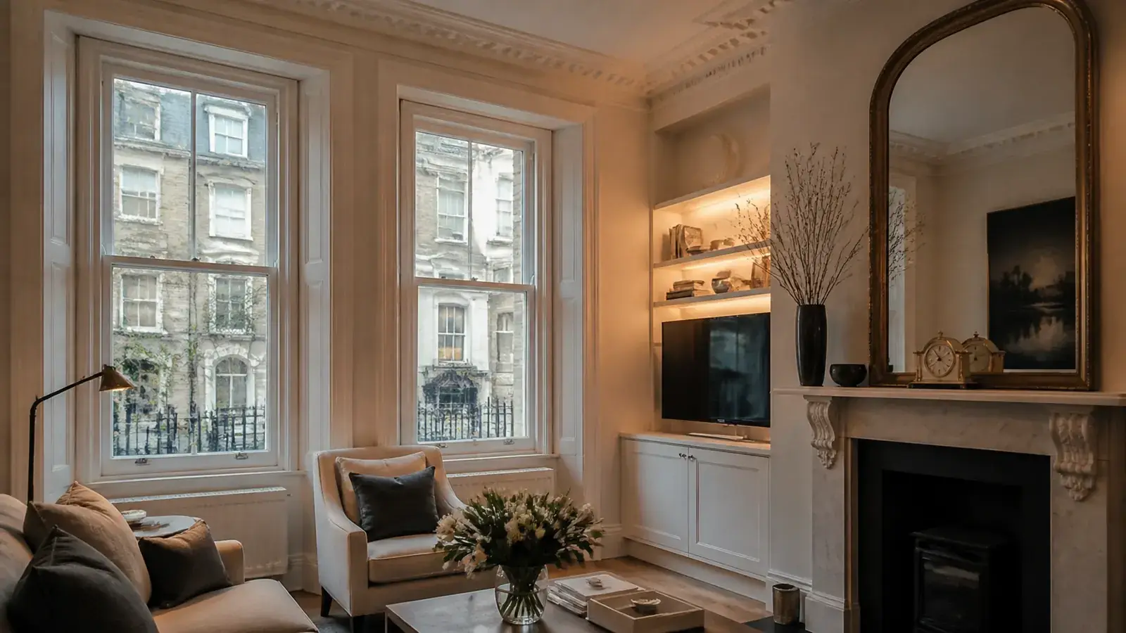 Elegant London flat living room with discreet acoustic secondary glazing behind original sash windows Elegant London flat living room with discreet acoustic secondary glazing behind original sash windows