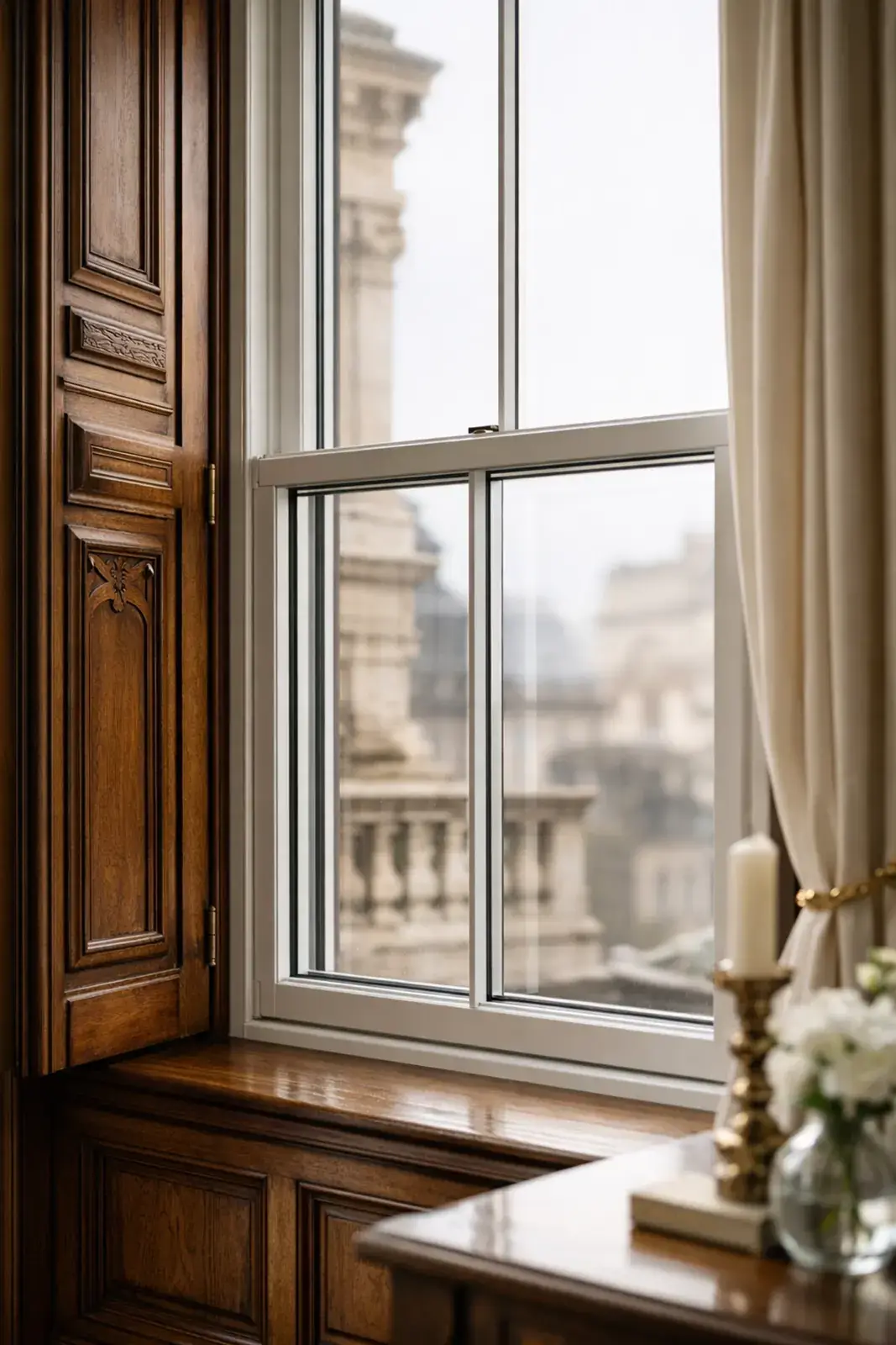 Internal view of slim secondary glazing frames on a Grade II listed property sash window. Internal view of slim secondary glazing frames on a Grade II listed property sash window.