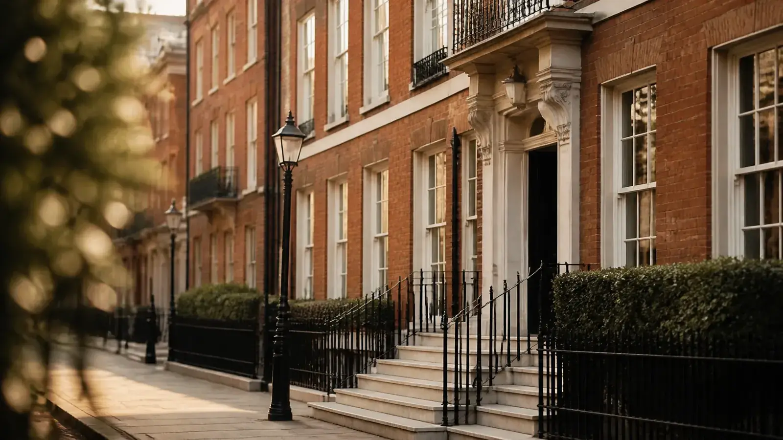 Grand Georgian townhouse exterior in Marylebone with tall sash windows and immaculate brickwork