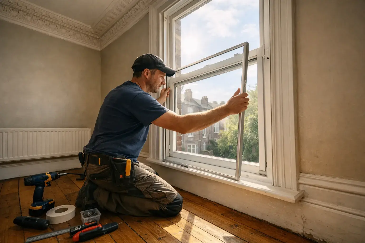 Professional installer fitting secondary glazing panel into Victorian sash window frame in period property Professional installer fitting secondary glazing panel into Victorian sash window frame in period property