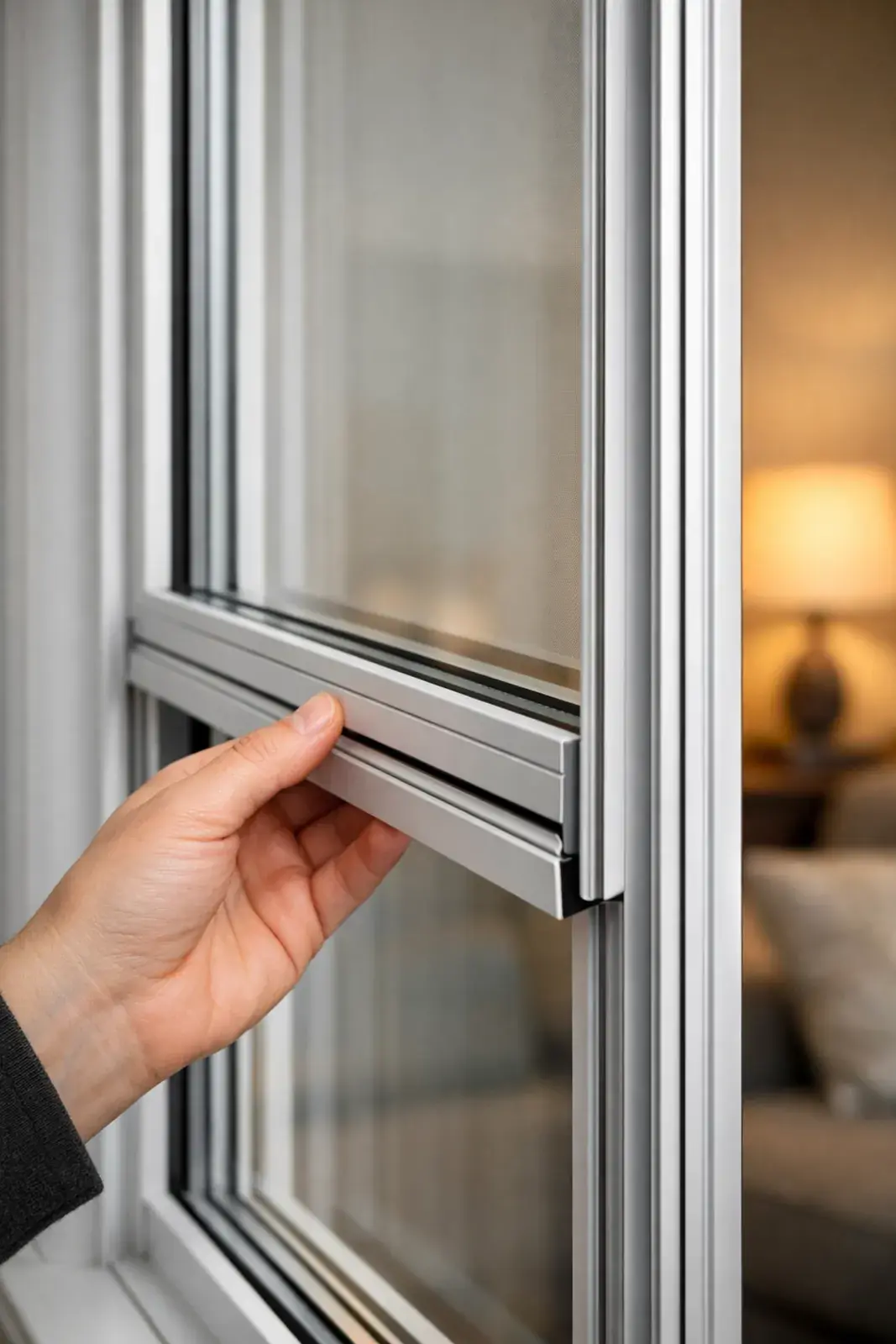 A hand opening a custom vertical sliding secondary glazing unit on a period sash window. A hand opening a custom vertical sliding secondary glazing unit on a period sash window.
