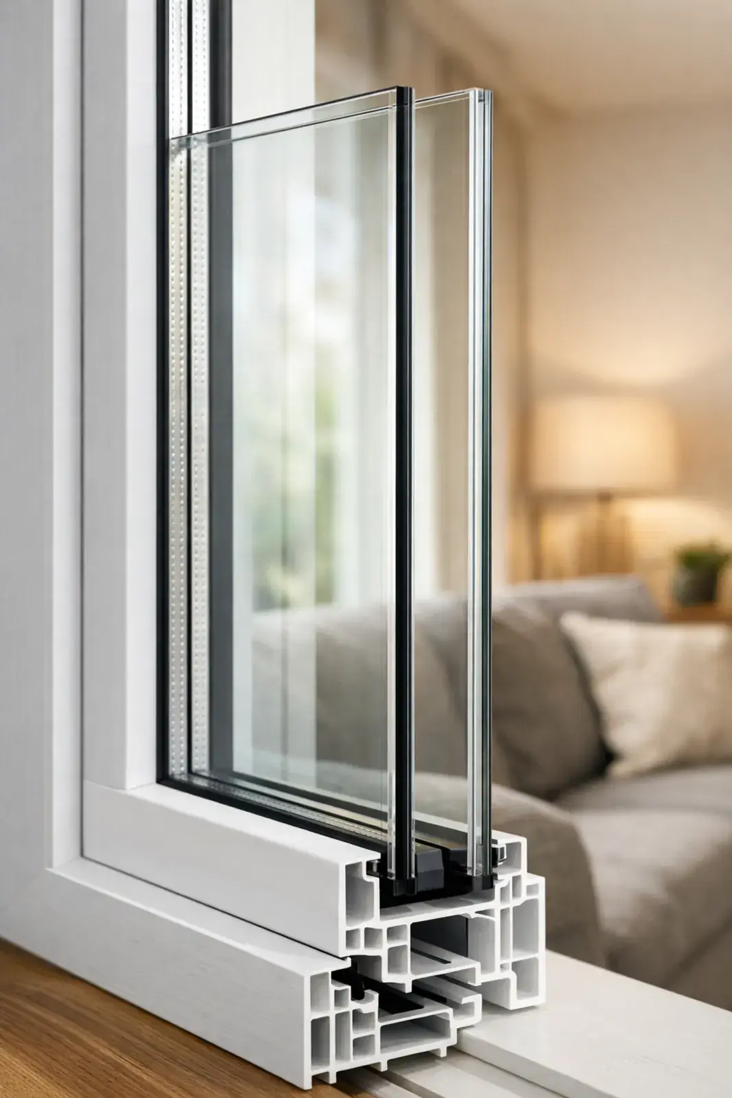 Secondary glazing cross-section showing air gap between original window and inner pane in modern living room Secondary glazing cross-section showing air gap between original window and inner pane in modern living room