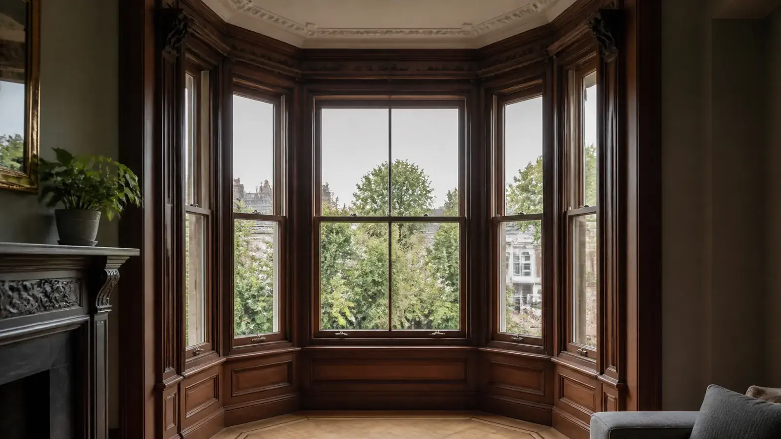 Faceted Edwardian bay window interior with bespoke secondary glazing panels precisely following each angle