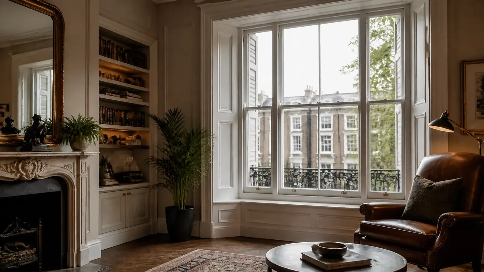 Wide heritage interior with discreet sliding secondary glazing installed within a period window reveal Wide heritage interior with discreet sliding secondary glazing installed within a period window reveal