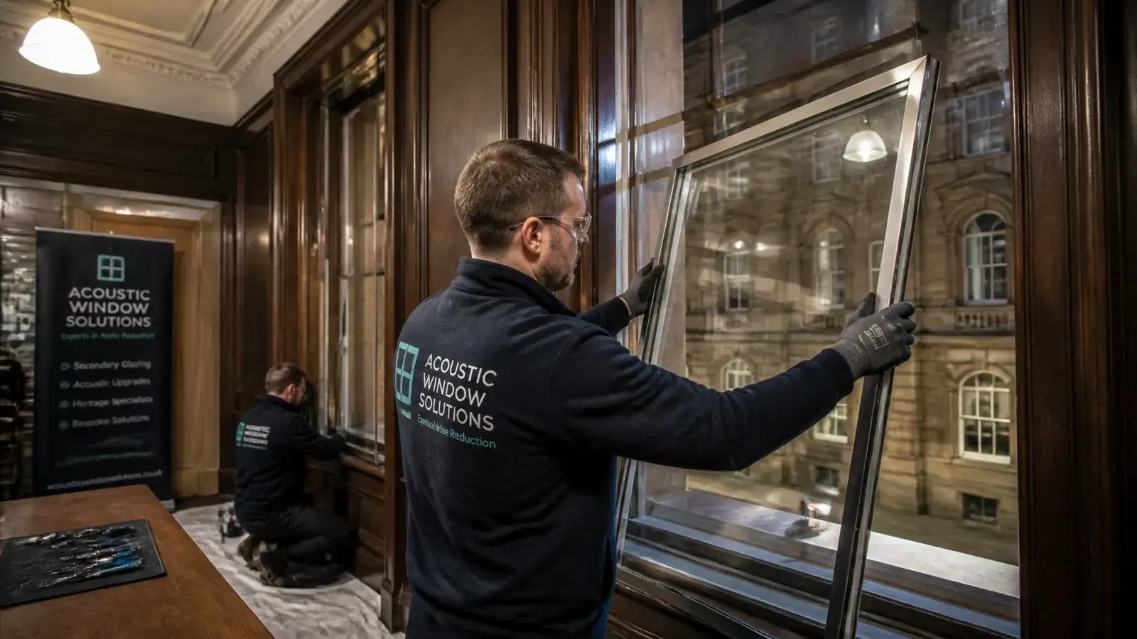 Installation team fitting bespoke secondary glazing in a heritage London office out of hours