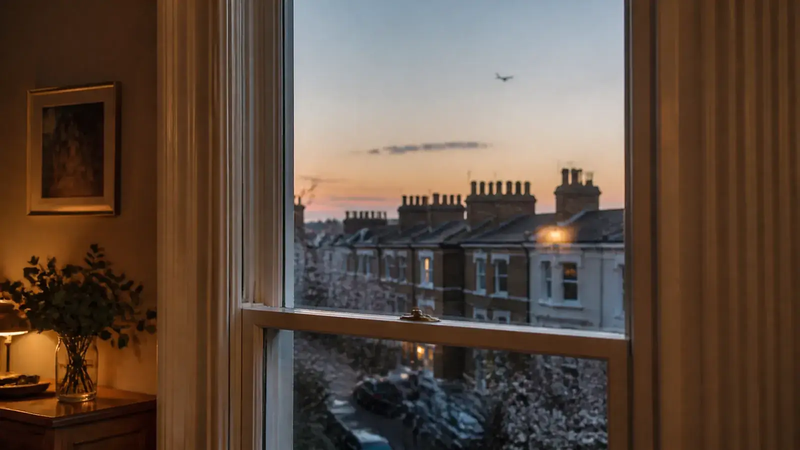 Quiet period home near a flight path at dusk, seen through acoustic secondary glazing with an aircraft high in the sky