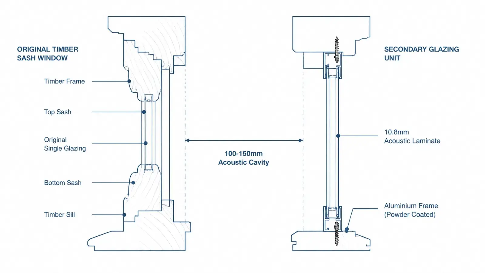 A technical diagram showing the 100-150mm air gap and 10.8mm acoustic laminate glass for sash windows