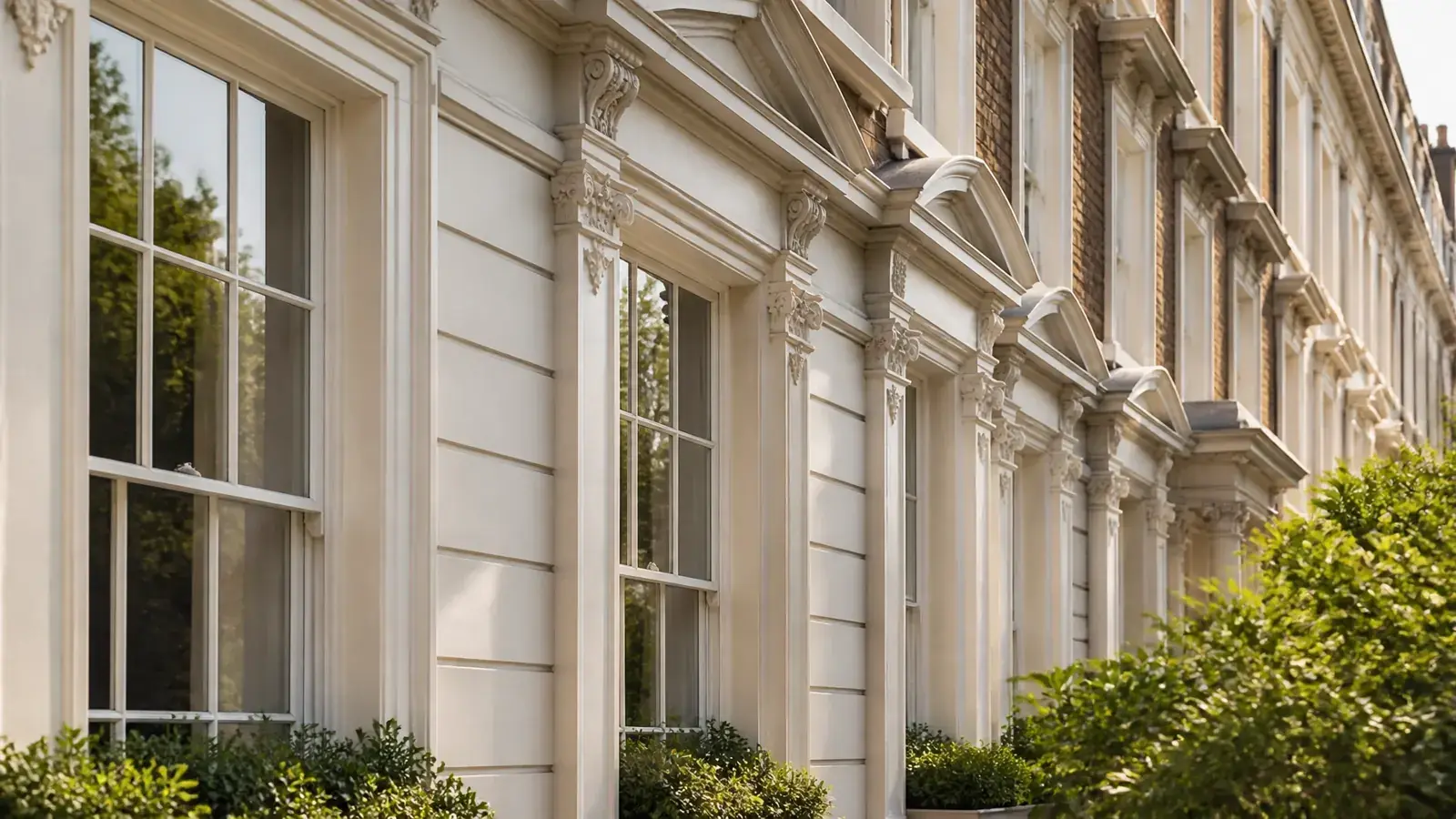 Exterior view of a London period property with original sash windows and elegant heritage detailing in natural daylight
