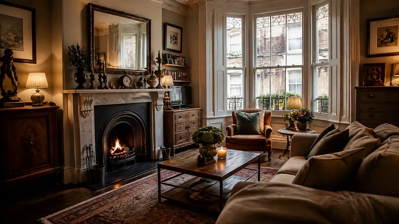 Cosy Victorian mews living room interior with warm heritage styling