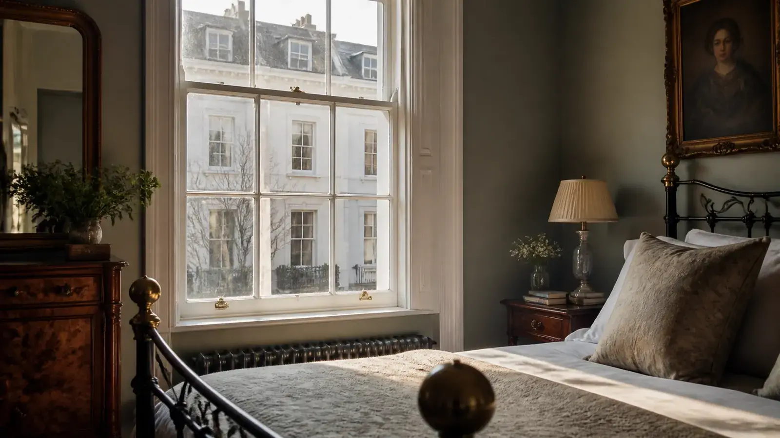 Quiet Victorian mews bedroom at dawn viewed from inside with discreet acoustic secondary glazing behind the original window