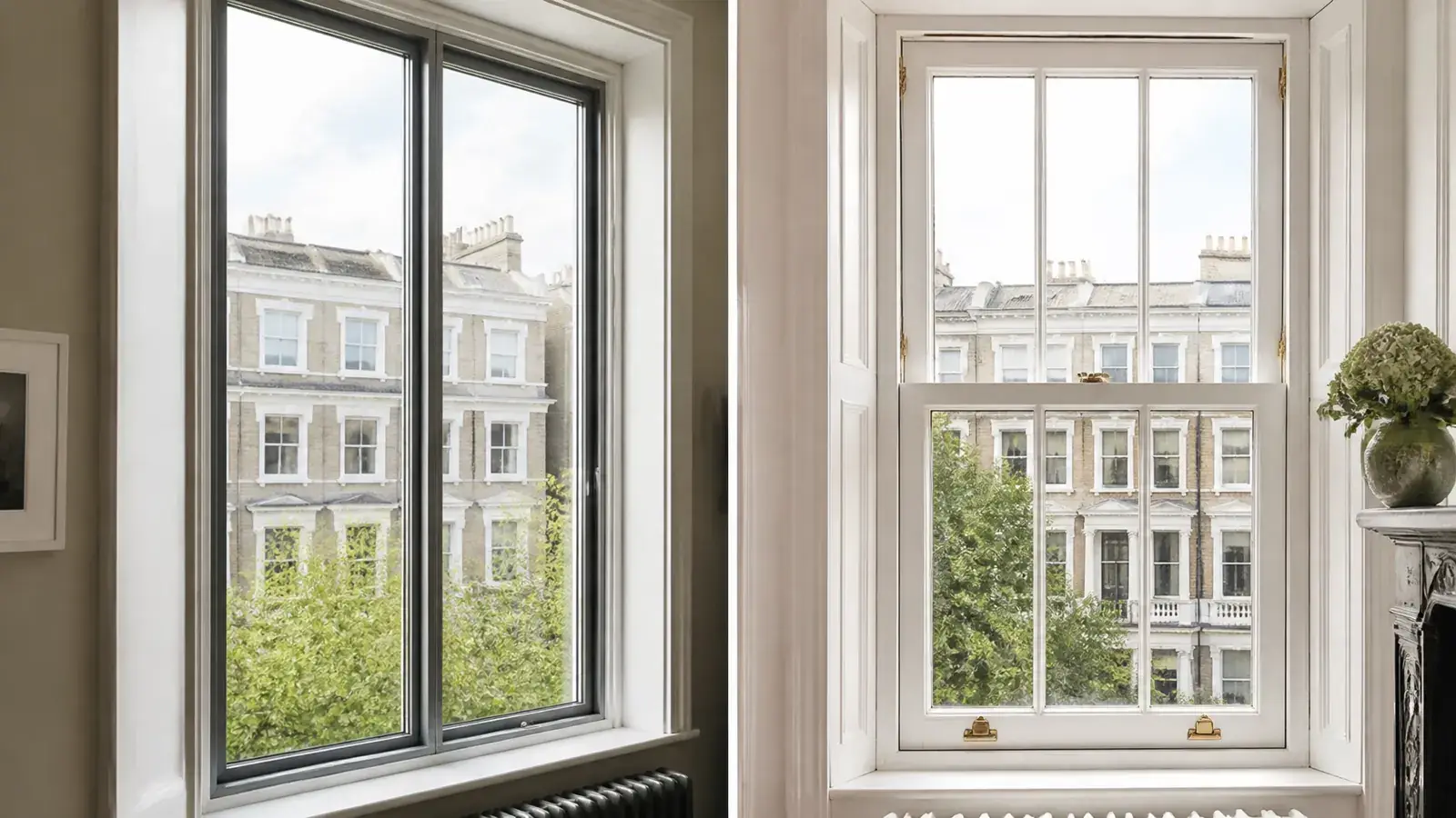 Side-by-side comparison of a slim aluminium secondary glazing frame and a heritage timber sash solution in a London period property