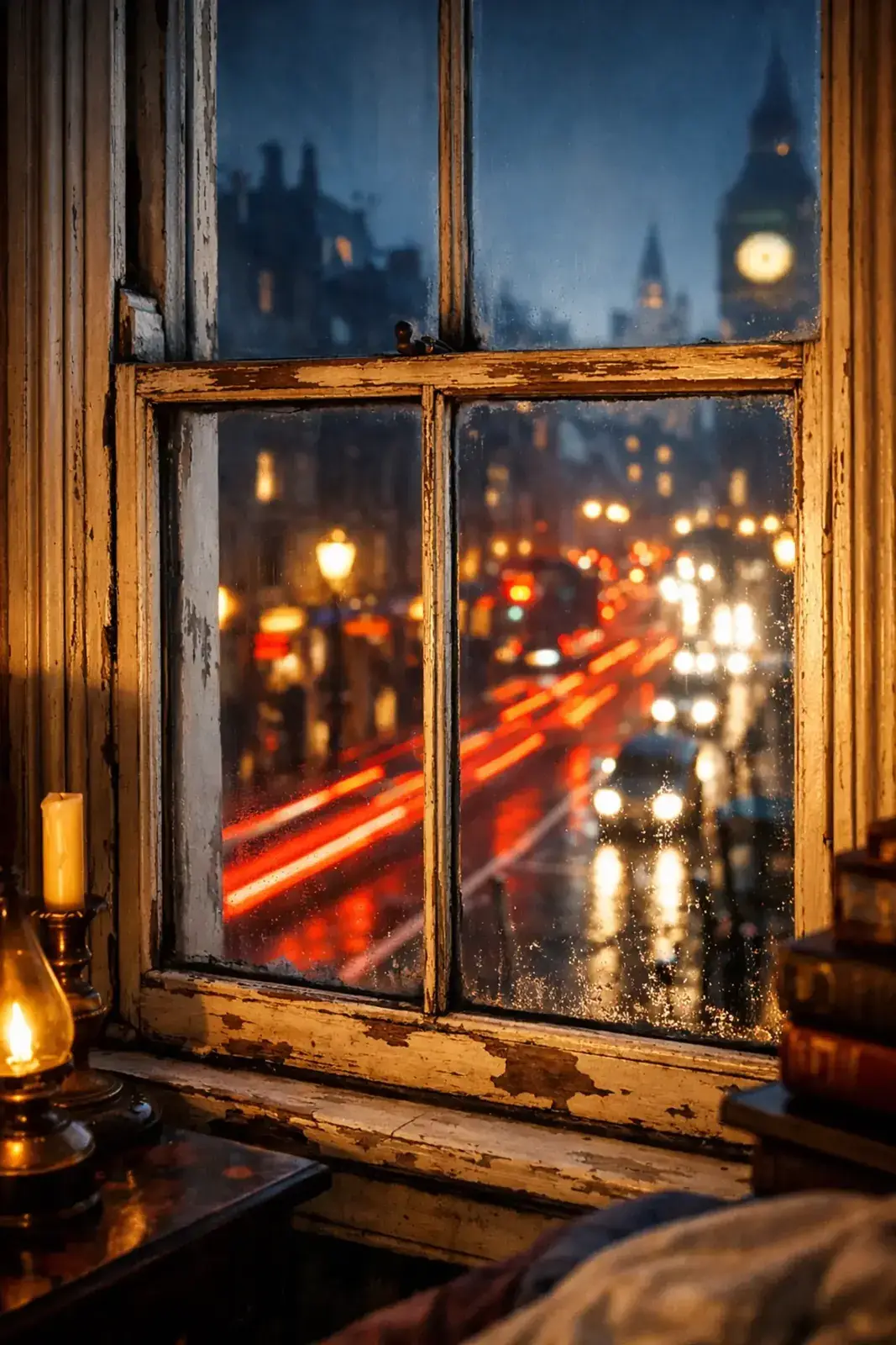 A heritage timber sash window overlooking a busy London street, representing the acoustic challenges of period properties