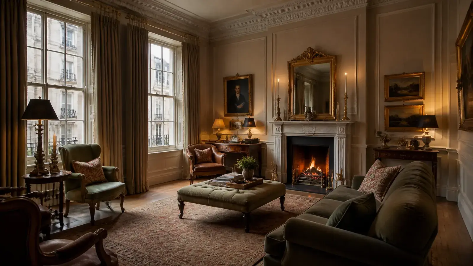 Sophisticated Georgian drawing room interior with original sash windows and heritage detailing Sophisticated Georgian drawing room interior with original sash windows and heritage detailing