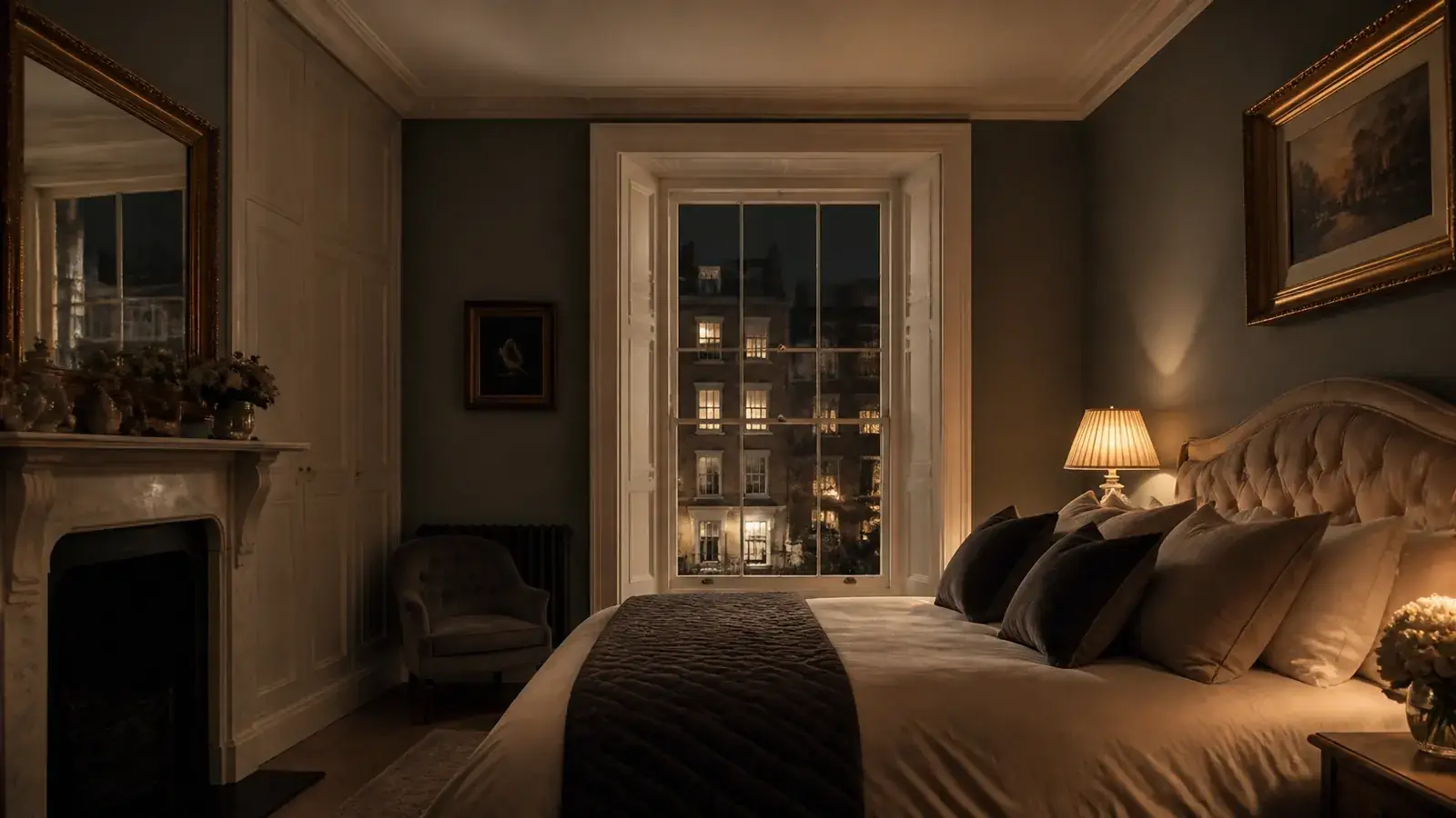 Calm dimly lit London master bedroom at night with acoustic secondary glazing behind a period sash window