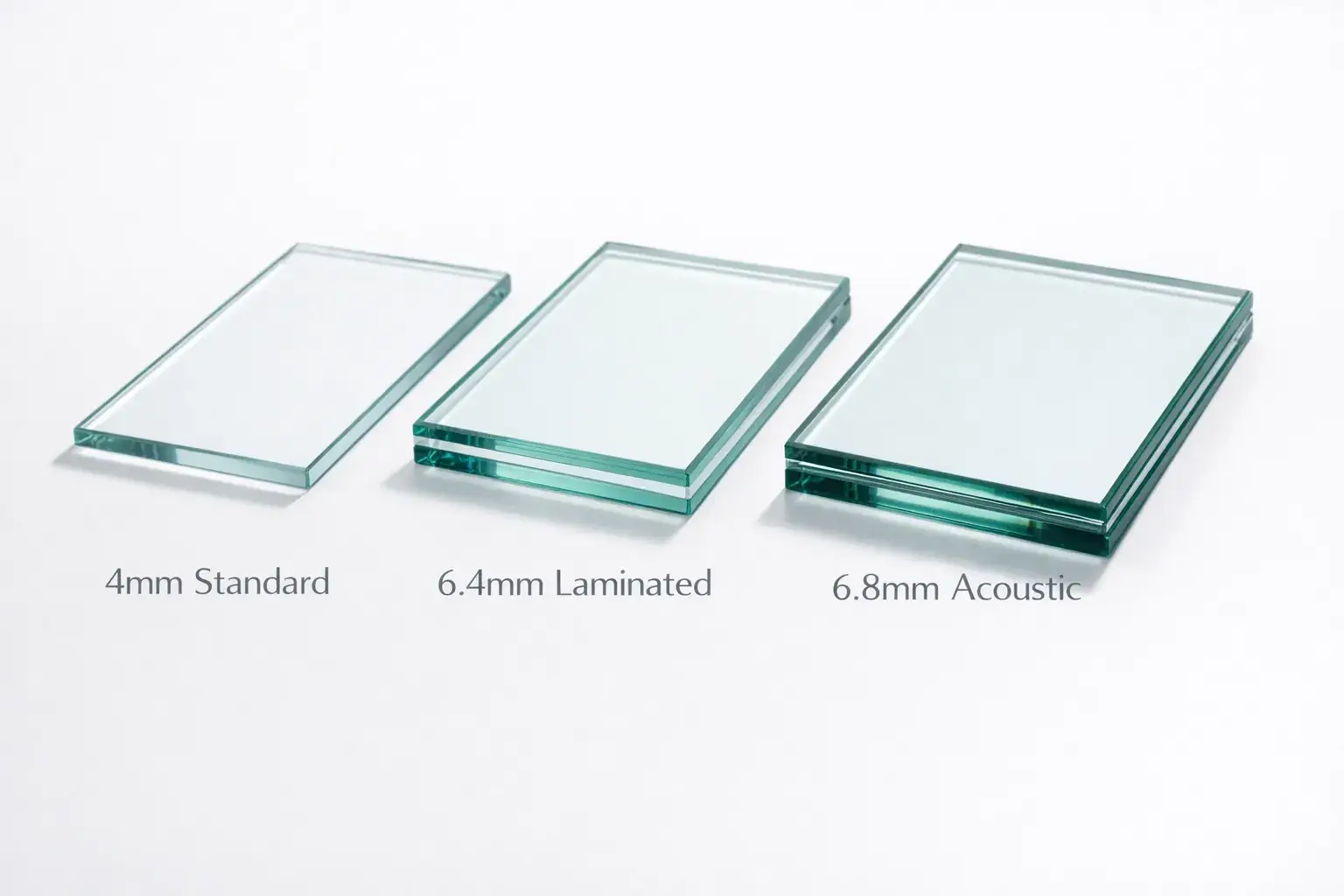 Three acoustic glass options for secondary glazing: standard 4mm, laminated 6.4mm, and acoustic 6.8mm panes Three acoustic glass options for secondary glazing: standard 4mm, laminated 6.4mm, and acoustic 6.8mm panes