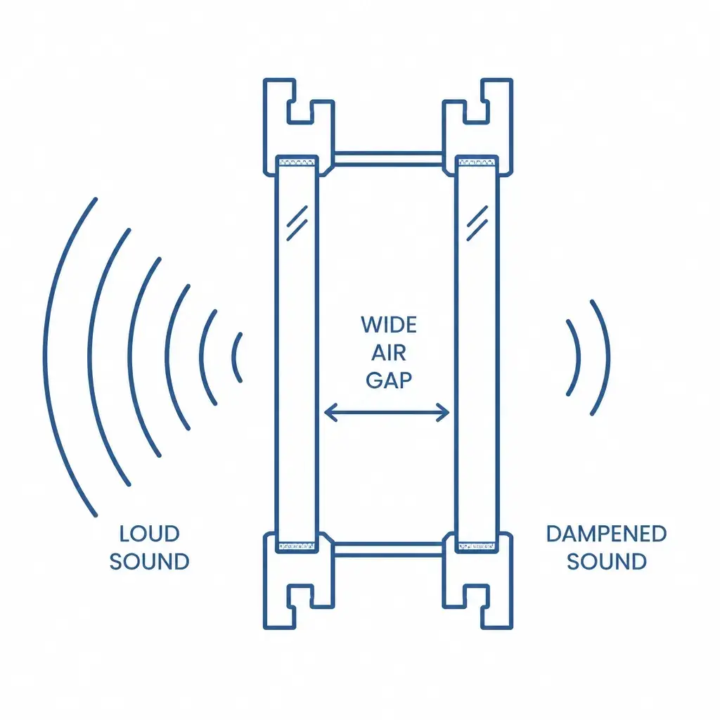 Acoustic decoupling with a 150mm air gap Technical diagram illustrating the concept of acoustic decoupling and the 150mm air gap