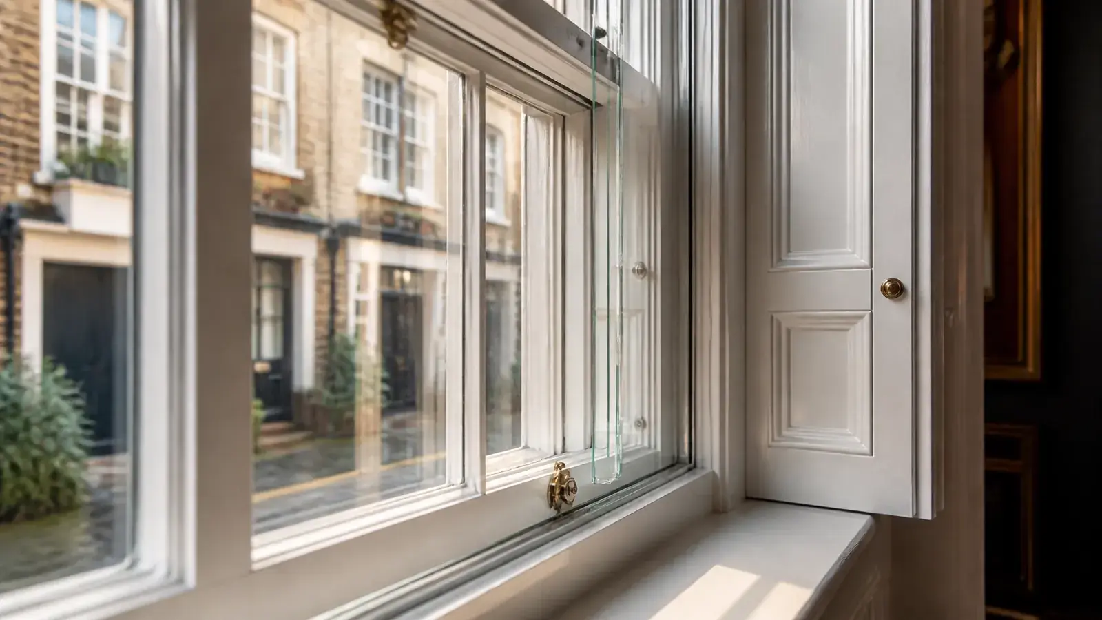Close-up of a Victorian mews window reveal showing the acoustic air gap behind the original window