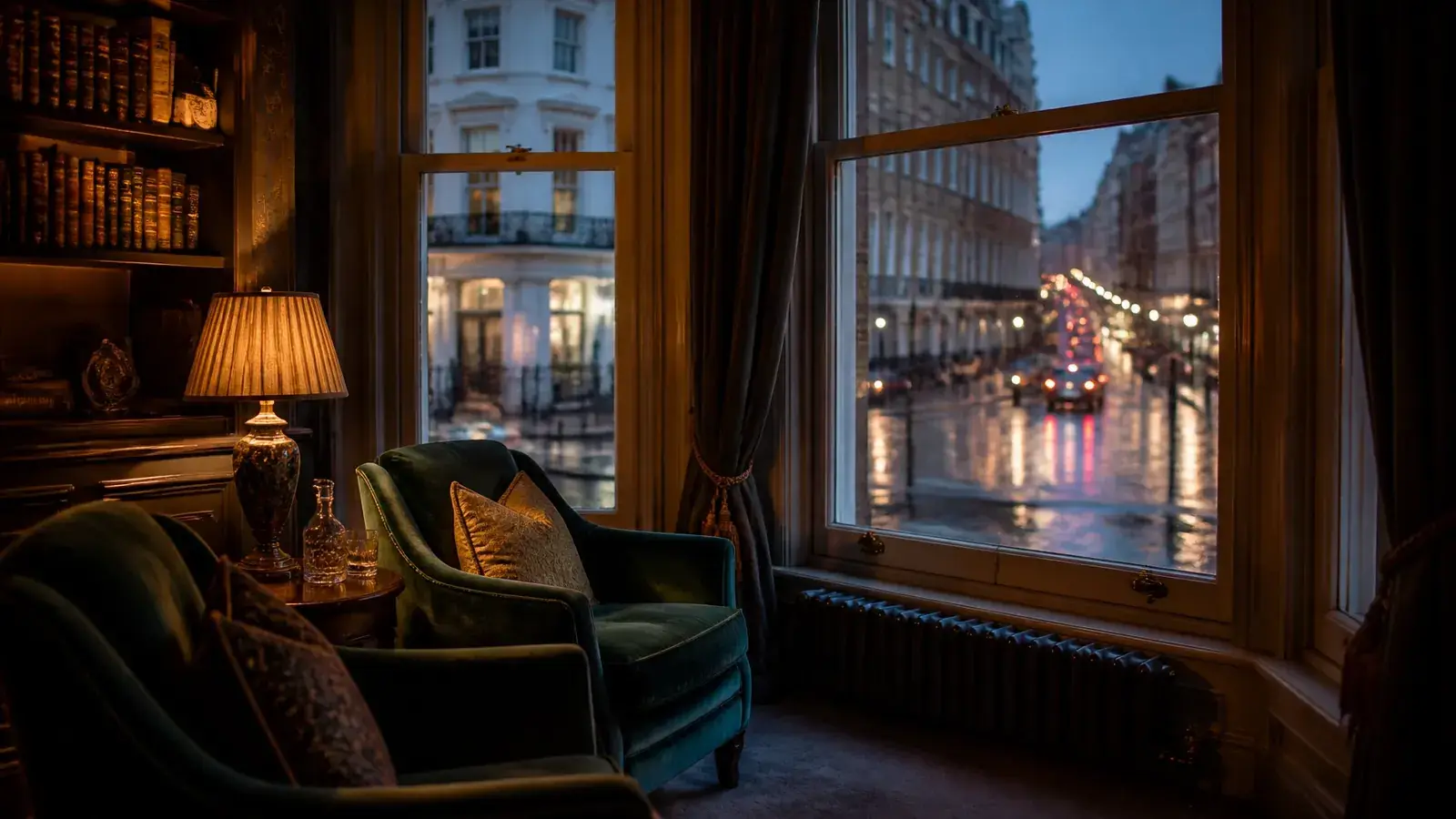A luxury period property in Kensington at dusk, showing a peaceful interior sanctuary overlooking a busy London street