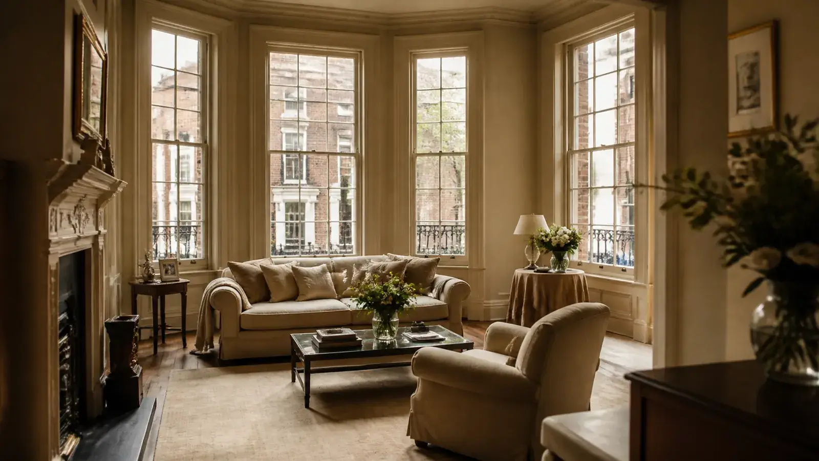 Warm period-home interior with multiple original windows creating a calm, planning-focused atmosphere Warm period-home interior with multiple original windows creating a calm, planning-focused atmosphere