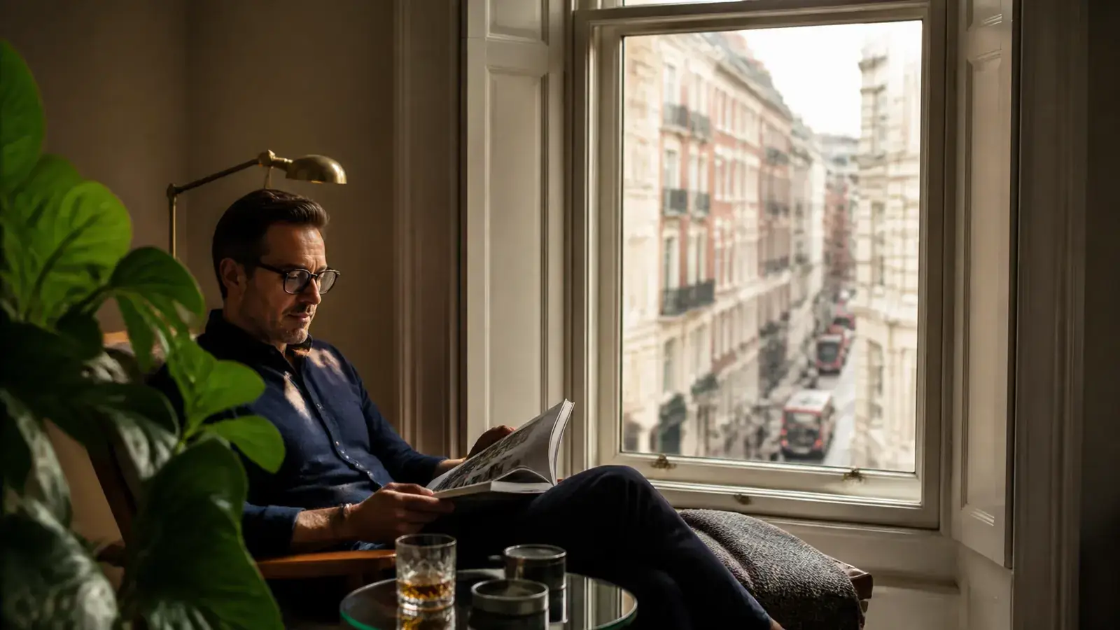 Peaceful resident indoors near a period window with acoustic secondary glazing and softened street activity outside Peaceful resident indoors near a period window with acoustic secondary glazing and softened street activity outside