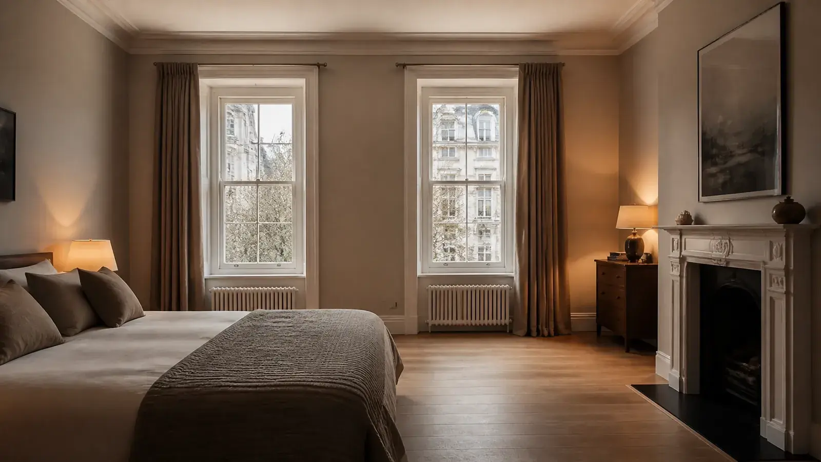 Wide shot of a quiet bedroom interior in a London period home with discreet acoustic secondary glazing