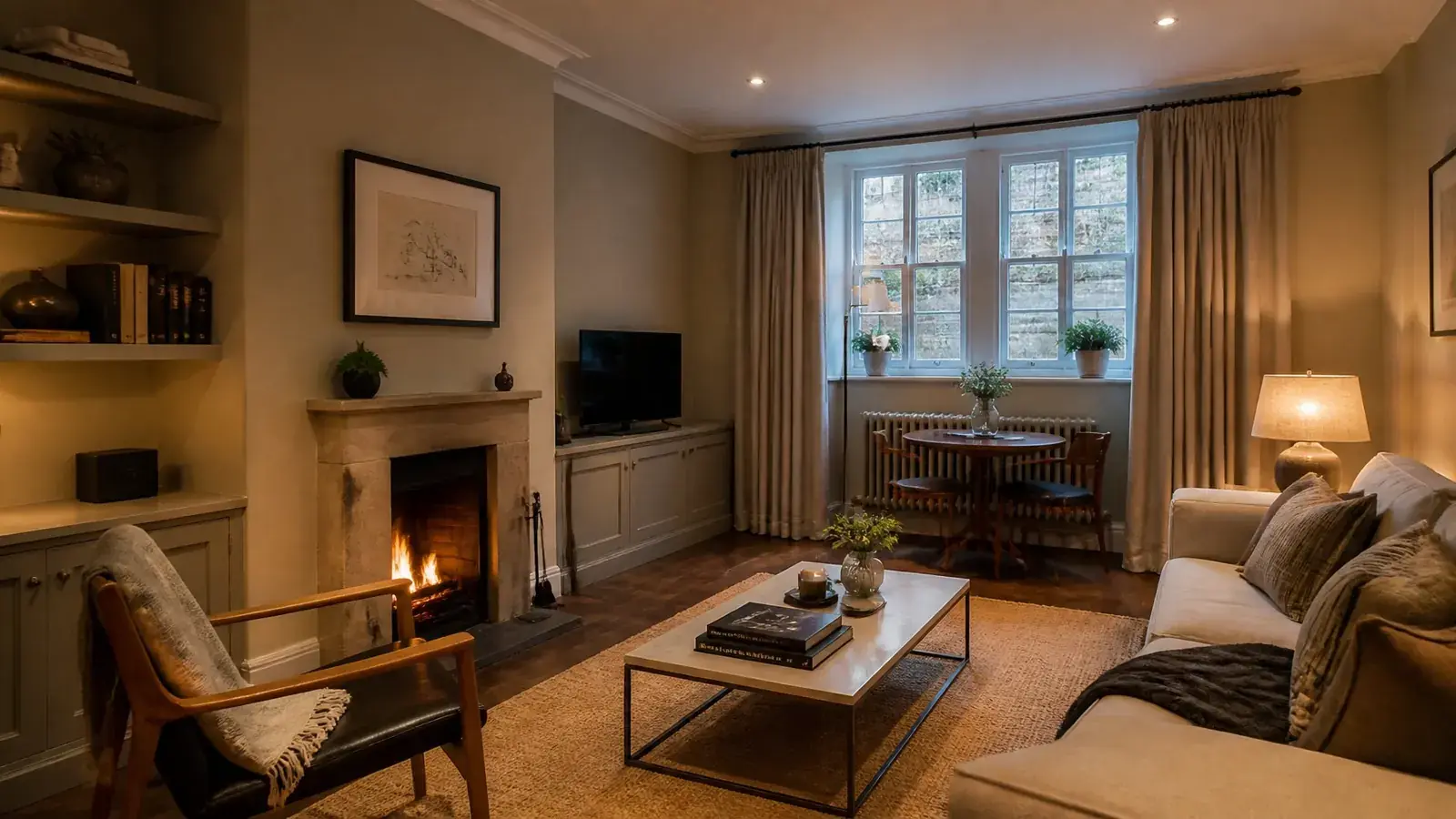 Cosy lower-ground interior of a London basement flat with warm lighting and discreet secondary glazing