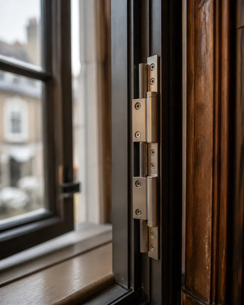 Close-up of heavy-duty hinges on an acoustic secondary glazing casement frame behind an original timber casement window
