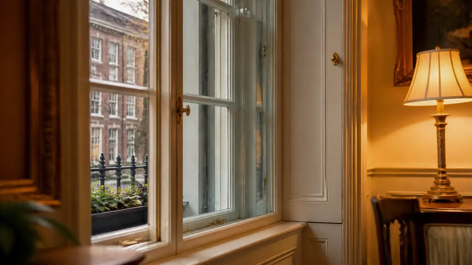 Stately listed London townhouse sash window with original frame and internal secondary glazing visible side by side